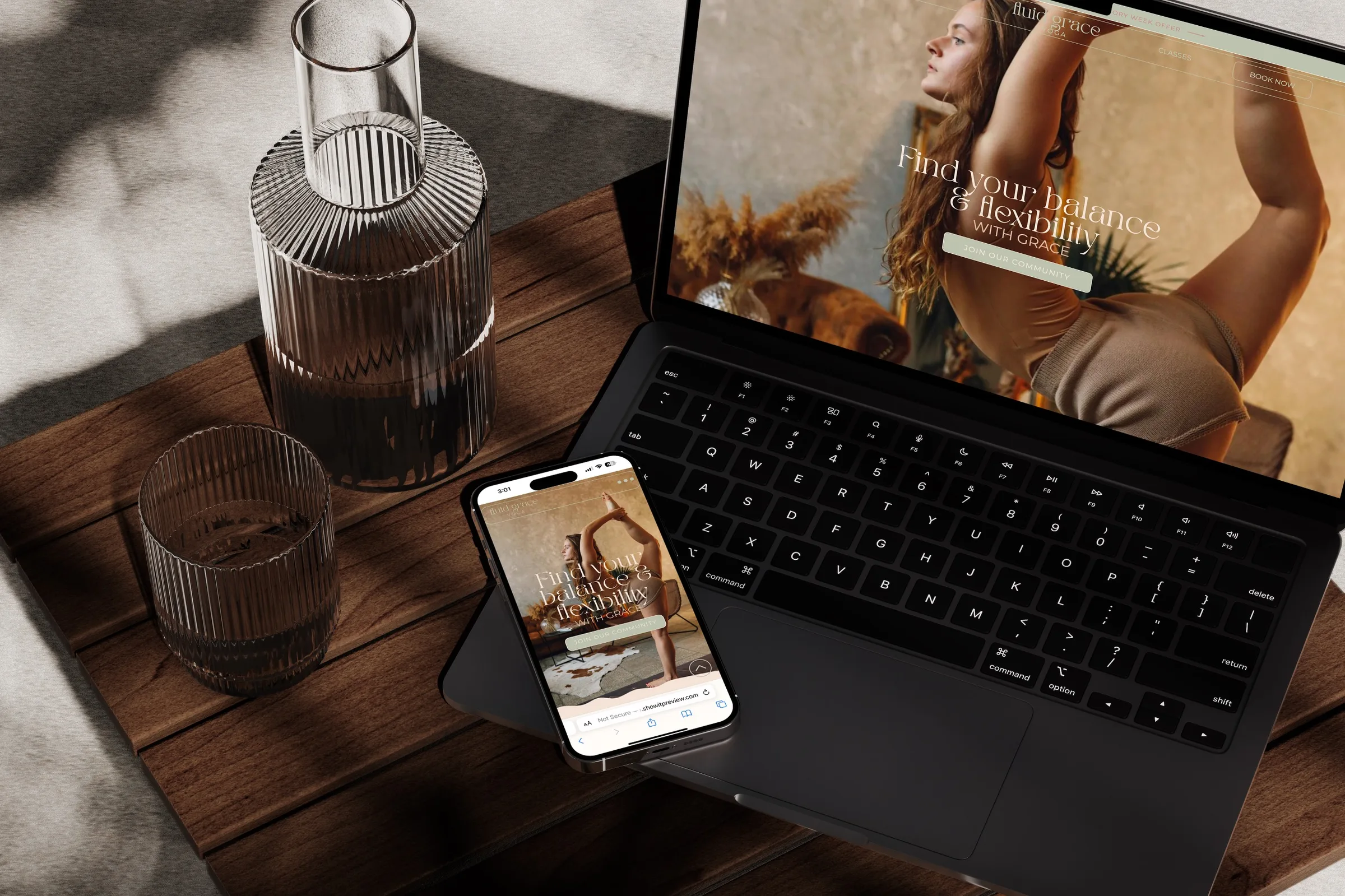 A yoga studio website shown on a MacBook and iPhone — a brand built in a single focused day.