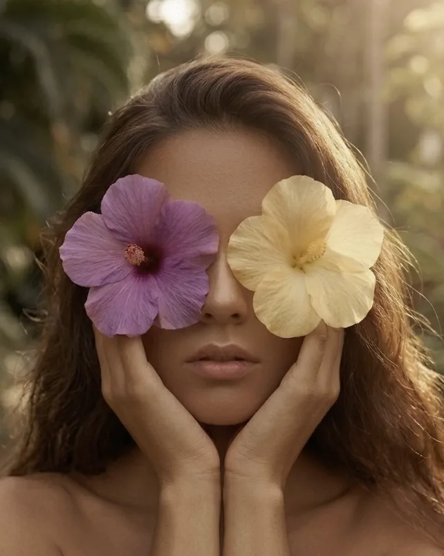 A woman holding two hibiscus flowers over her eyes — a brand waiting to be seen